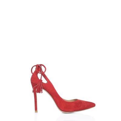Kırmızı Süet Arkadan Püsküllüğ & Acurlu Stiletto Ayakkabı