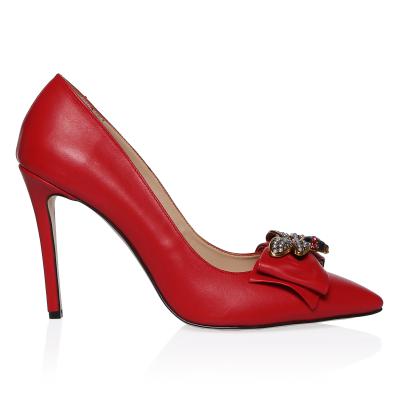 Kırmızı Deri Arı Taşlı Tokalı Fiyonklu Stiletto Ayakkabı