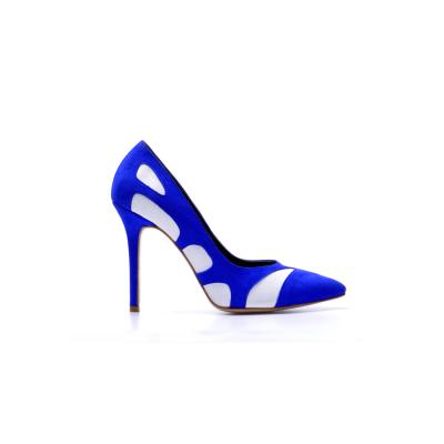 Saks Mavisi Süet  & Beyaz Deri Patchwork Stiletto Ayakkabı