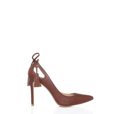 Kahverengi Deri Arkadan Püsküllüğ & Acurlu Stiletto Ayakkabı