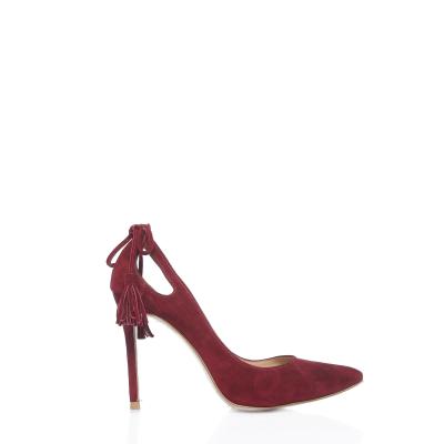 Bordo Süet Arkadan Püsküllüğ & Acurlu Stiletto Ayakkabı