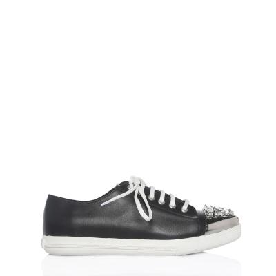Siyah Deri Burnu Taşlı Sneaker Ayakkabı(053b)