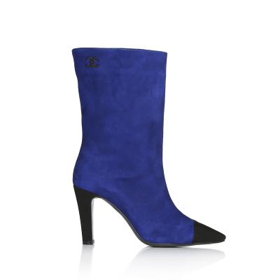 Saks Mavi Süet & Siyah Saten Önü Maskaretli Nakışlı Bot(bot-242)