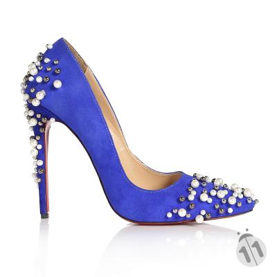 Saks Mavi Süet İnci Boncuklu Stiletto Ayakkabı