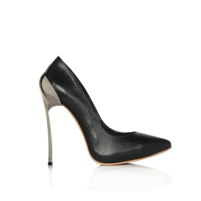 Siyah Deri Arkası Galvaniz Çelik Topuklu Stiletto Ayakkabı(a-326gç)