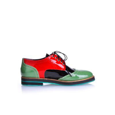 Kırmızı & Yeşil & Siyah Rugan Zımbalı Bağcıklı Püsküllü Köpük Taban Oxford Ayakkabı