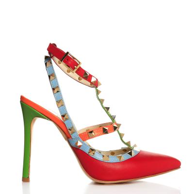 Kırmızı & Mavi & Turuncu & Yeşil Deri T Bantlı Pimli Ayakkabı