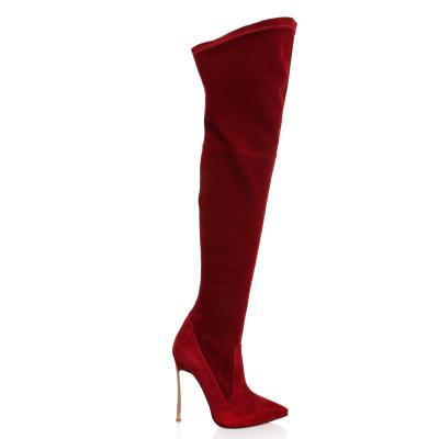 Kırmızı Süet Stretch Dizüstü Çelik Topuklu Çizme(c-45)