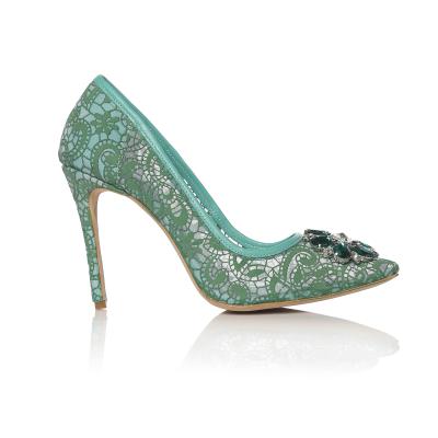 Yeşil Dantelli & Deri Taşlı Tokalı Stiletto Ayakkabı
